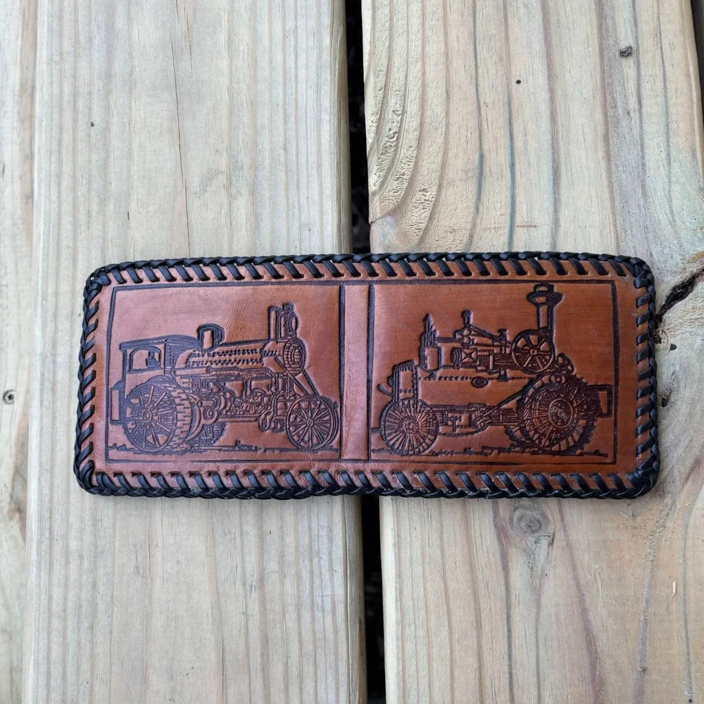 Vintage Leather Wallet Hand Tooled Bi-Fold Handmade Whipstitch Steam Engine